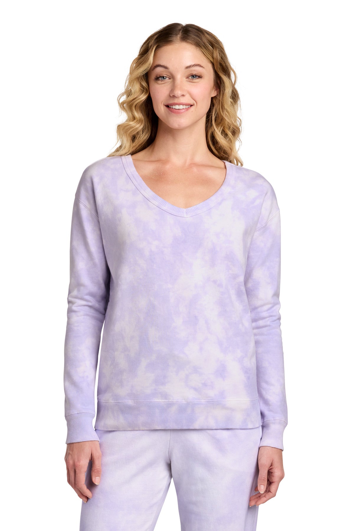 Port & Co® Women's Beach Wash® Cloud Tie-Dye V-Neck Sweatshirt LPC140V
