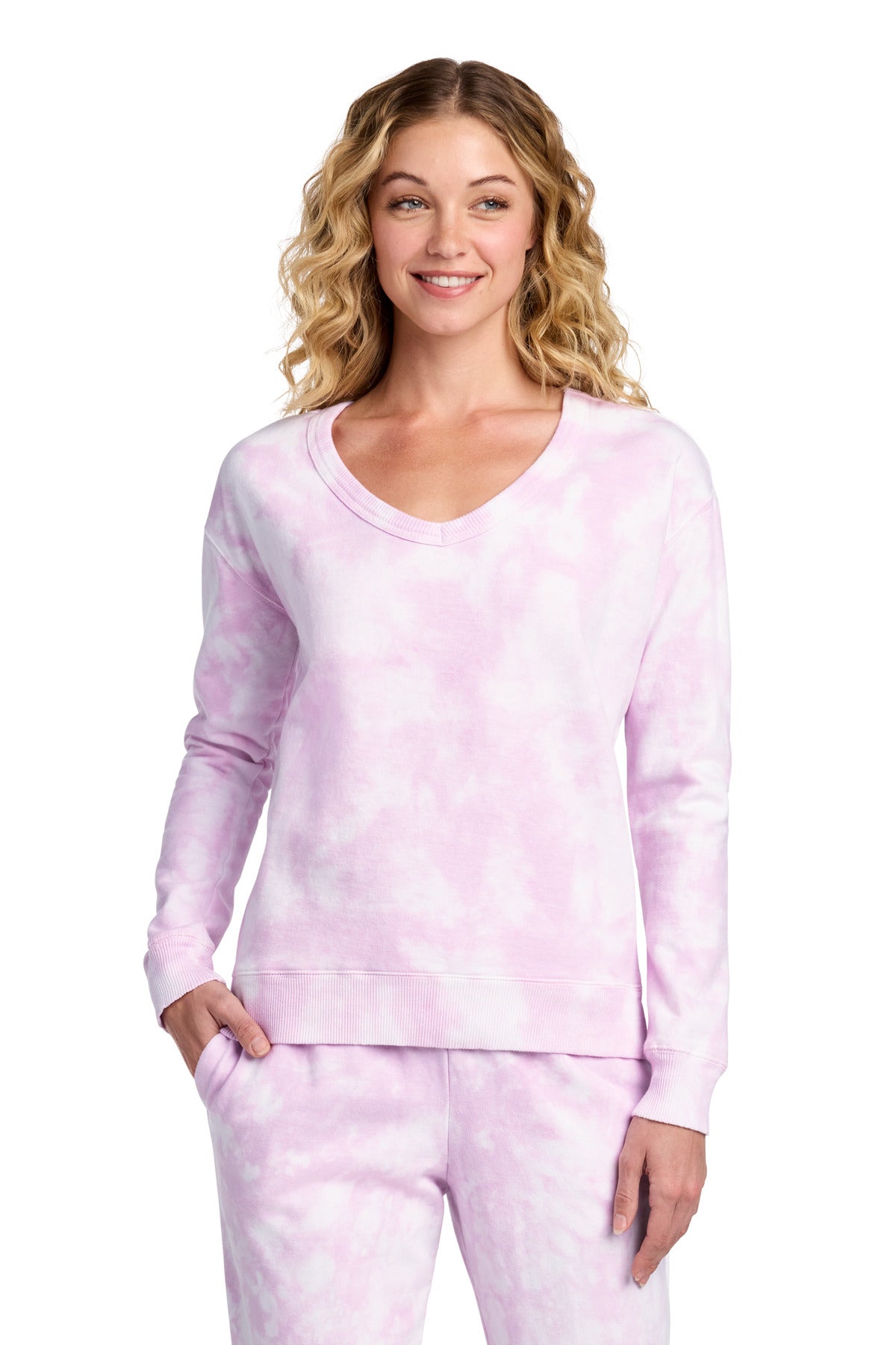 Port & Co® Women's Beach Wash® Cloud Tie-Dye V-Neck Sweatshirt LPC140V