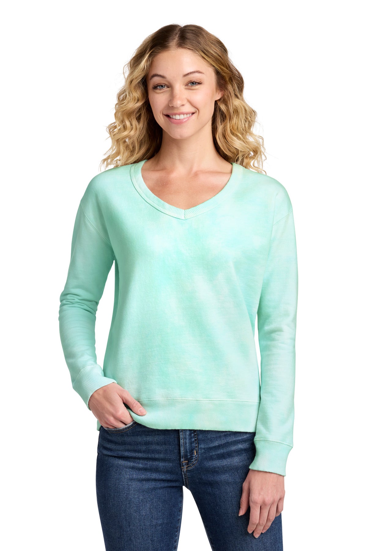 Port & Co® Women's Beach Wash® Cloud Tie-Dye V-Neck Sweatshirt LPC140V