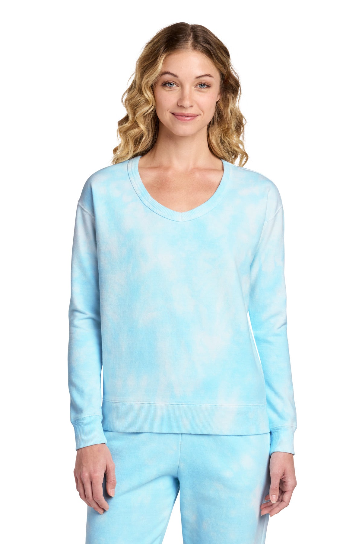 Port & Co® Women's Beach Wash® Cloud Tie-Dye V-Neck Sweatshirt LPC140V