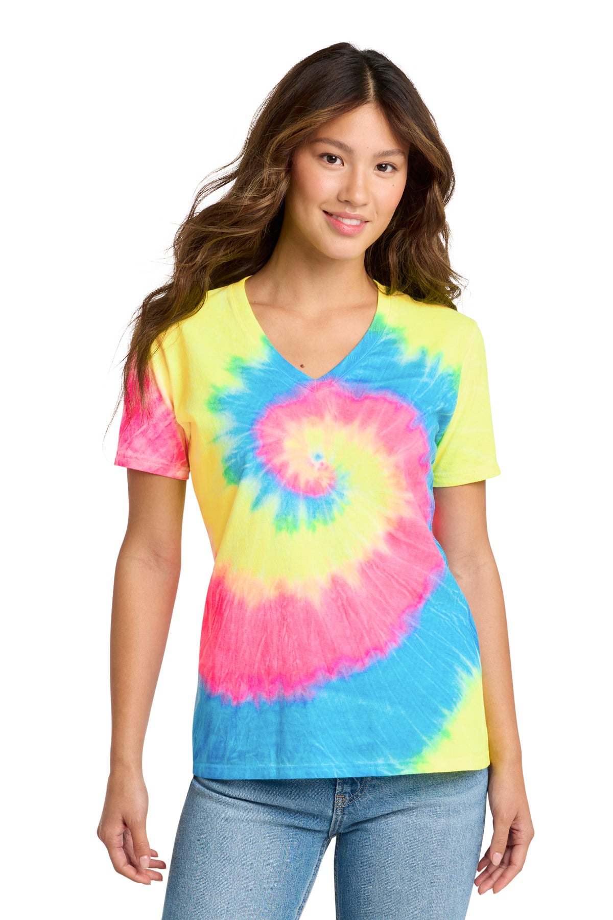 Port & Co® Women's Tie-Dye V-Neck Tee.  LPC147V