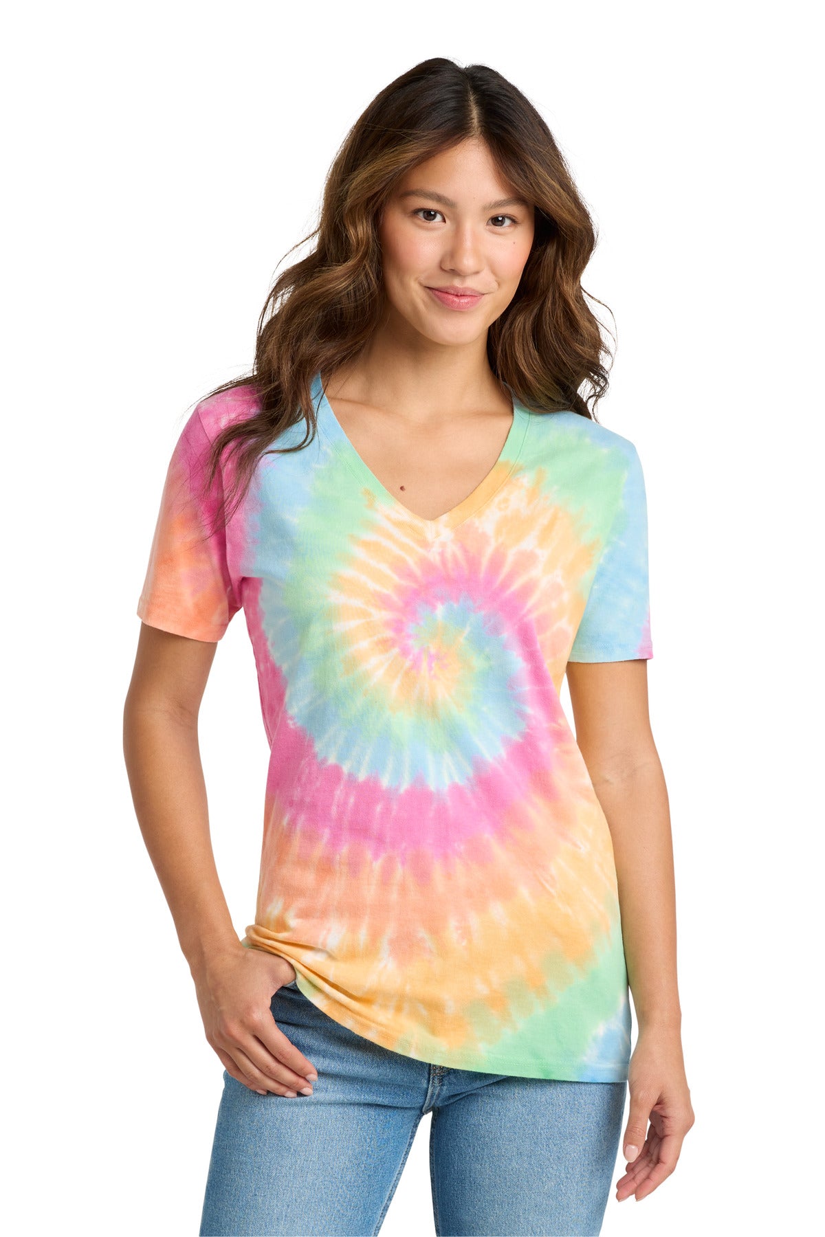 Port & Co® Women's Tie-Dye V-Neck Tee.  LPC147V