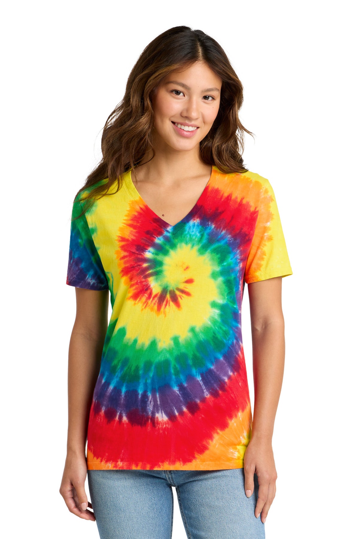 Port & Co® Women's Tie-Dye V-Neck Tee.  LPC147V